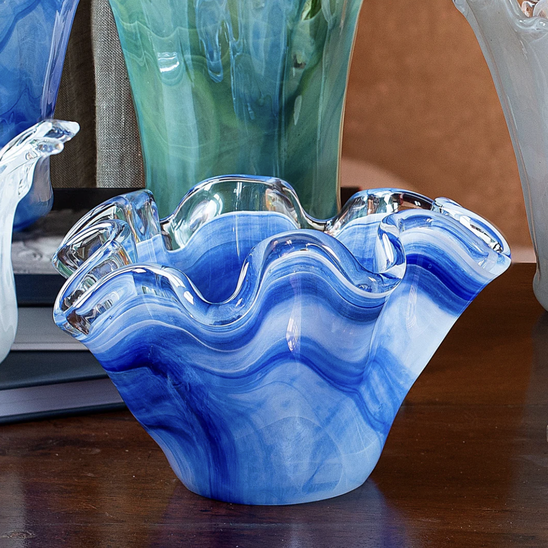 Onda Glass Petite Ruffled Round Bowl - Blue