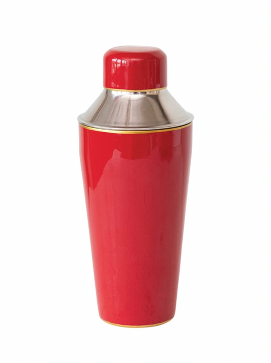 Red Enameled Stainless Cocktail Shaker with Gold Rim