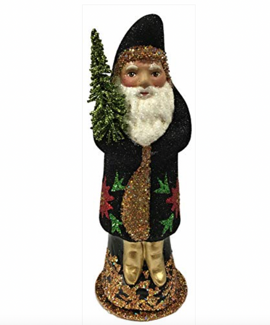 Ino Schaller Black Glitter Santa with Poinsettia Paper Mache Candy Container