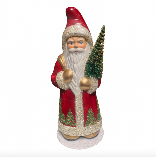 Ino Schaller Red Coat with Christmas Tree Scene Santa German Paper Mache Candy Container