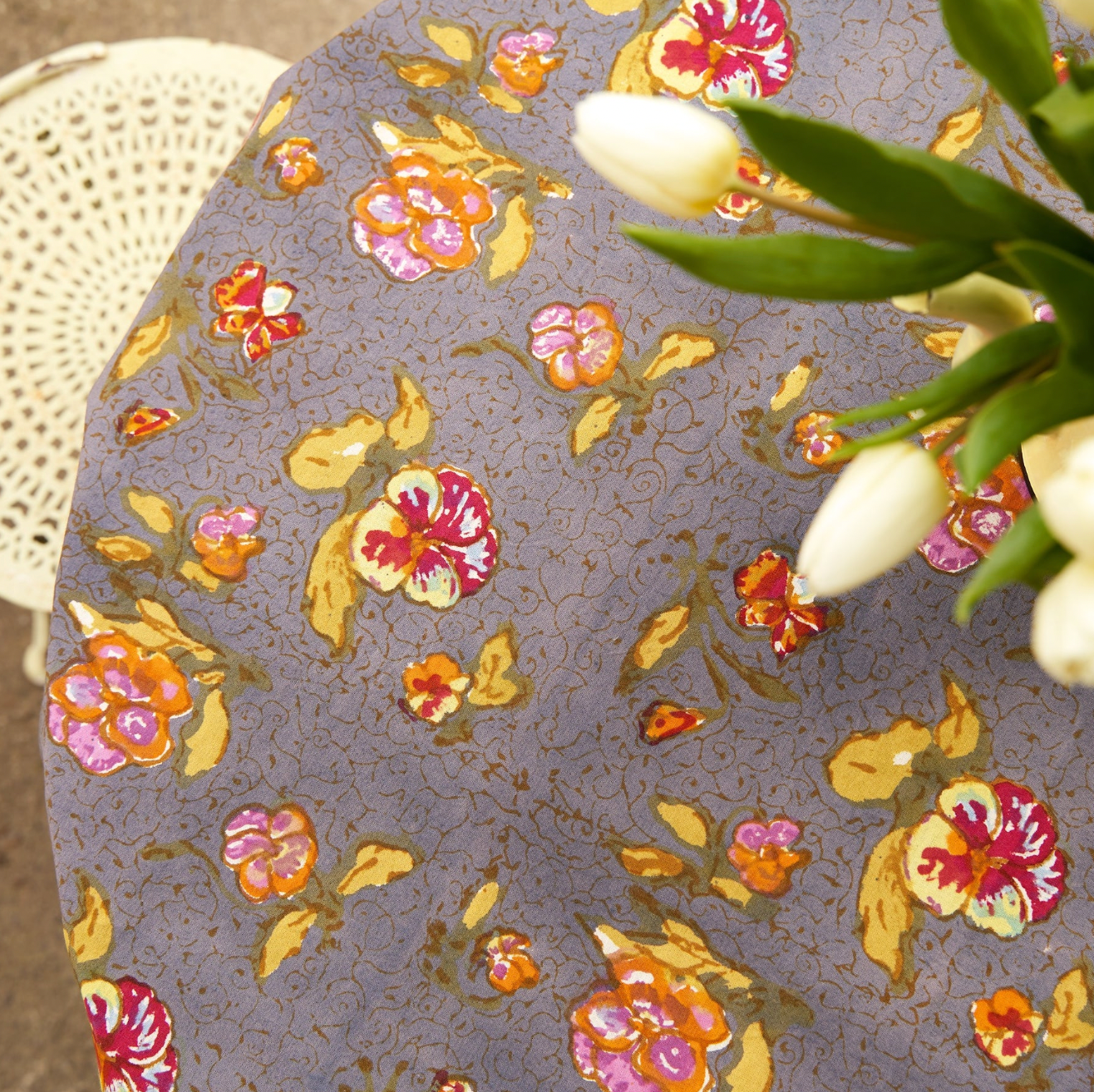 Pansy Red & Gray Tablecloth + Napkins