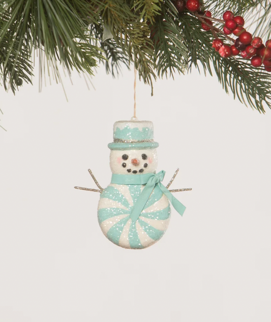 Aqua Peppermint Snowman Ornament