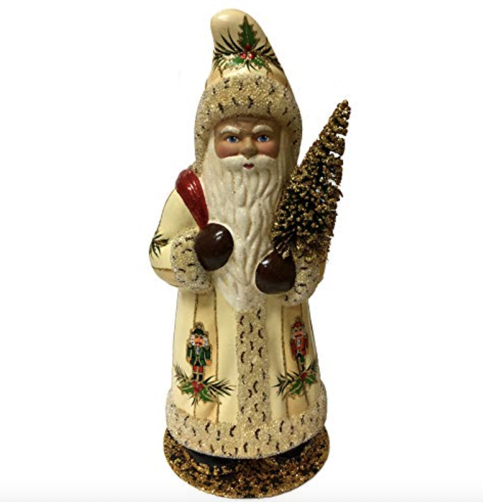 Cream Santa with Nutcrackers German Paper Mache Candy Container