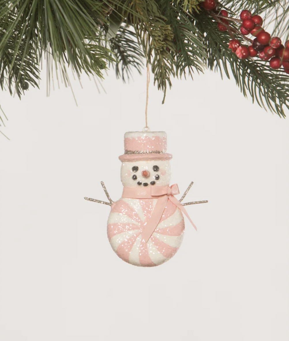 Pink Peppermint Snowman Ornament