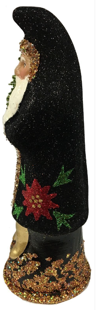 Ino Schaller Black Glitter Santa with Poinsettia Paper Mache Candy Container