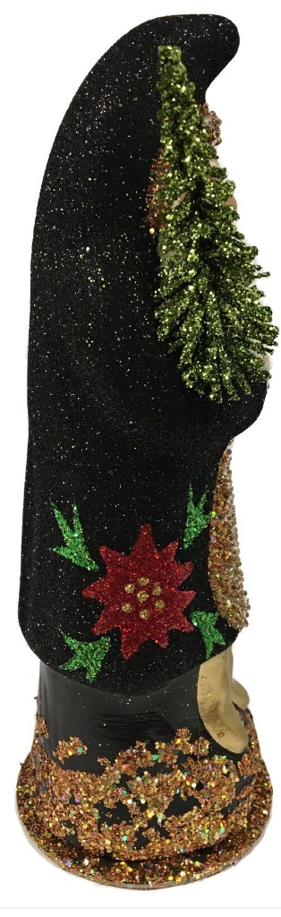 Ino Schaller Black Glitter Santa with Poinsettia Paper Mache Candy Container