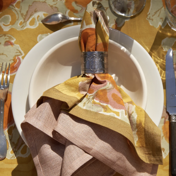 Pumpkin Orange & Mustard French Tablecloth + Napkins