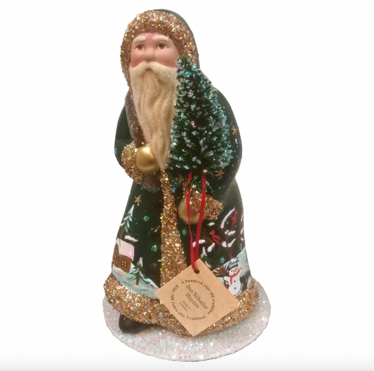 Ino Schaller Brunswick Green Winter Scene Walking Santa German Paper Mache Candy Container