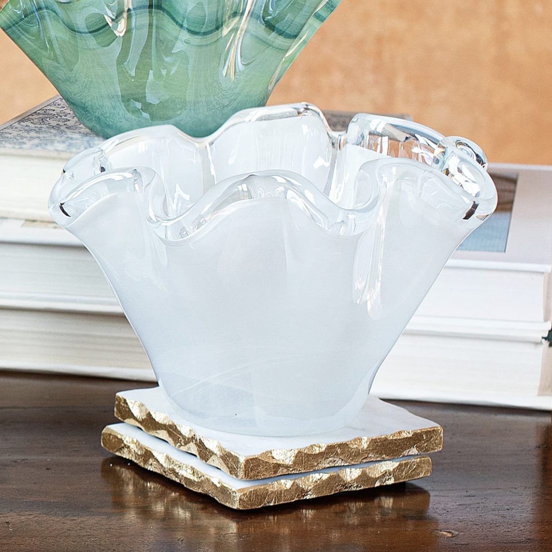 Onda Glass Petite Ruffled Round Bowl - White