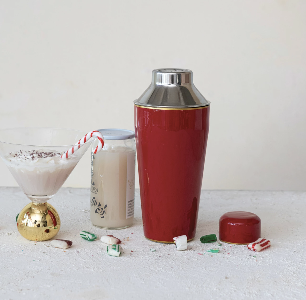 Red Enameled Stainless Cocktail Shaker with Gold Rim