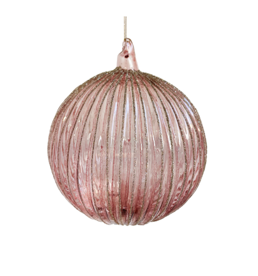 Pink Glass Ball Ornament with Lined Glitter