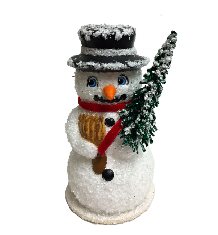 Ino Schaller Snowman with Broom and Tree German Paper Mache Candy Container