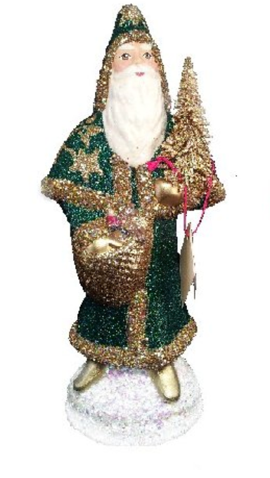 Ino Schaller Green and Gold Glitter Santa German Candy Container