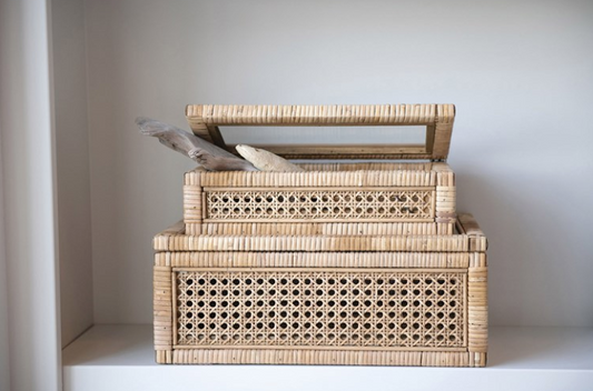 Woven Rattan and Wood Boxes