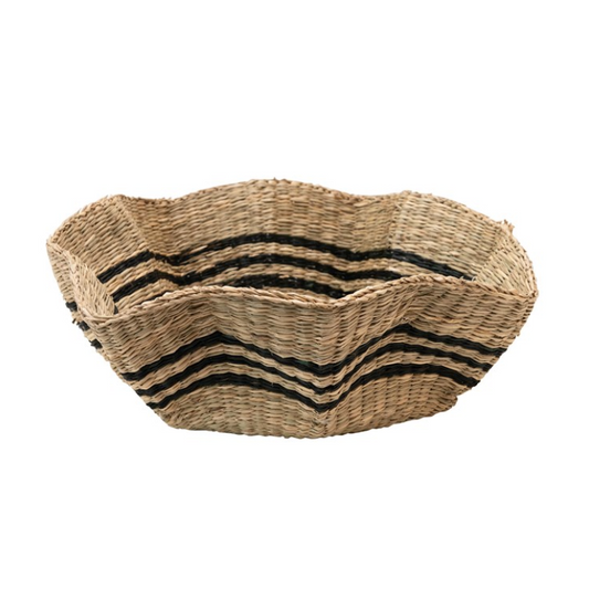 Hand-Woven Scalloped Sea Grass Basket with Black Stripes